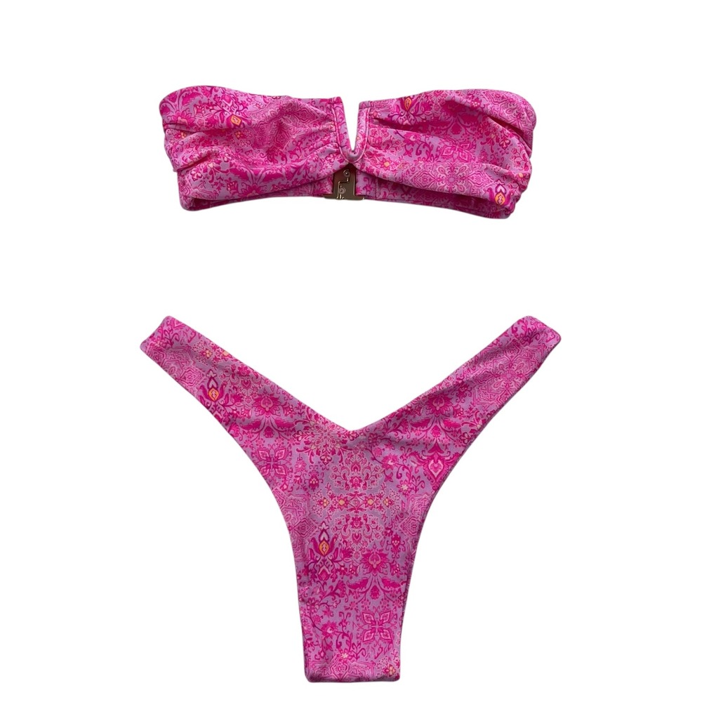 Kulani Kinis Pink Paisley V-Wire Bandeau Bikini Set Cheeky Cut Bottoms XS